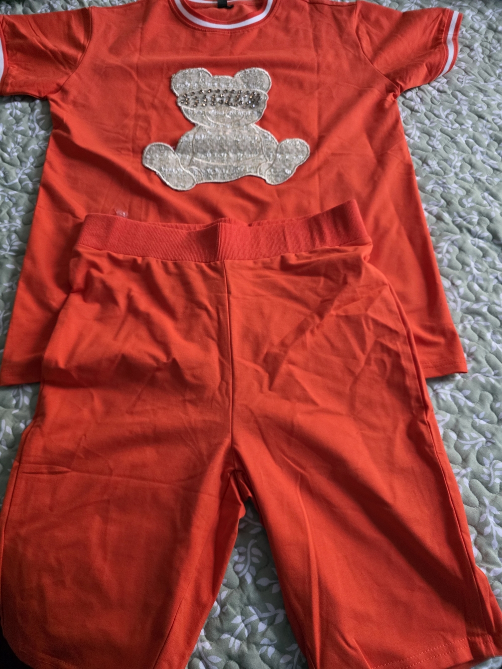 Womens Bright Orange Two-Piece Set with Sequin Bear